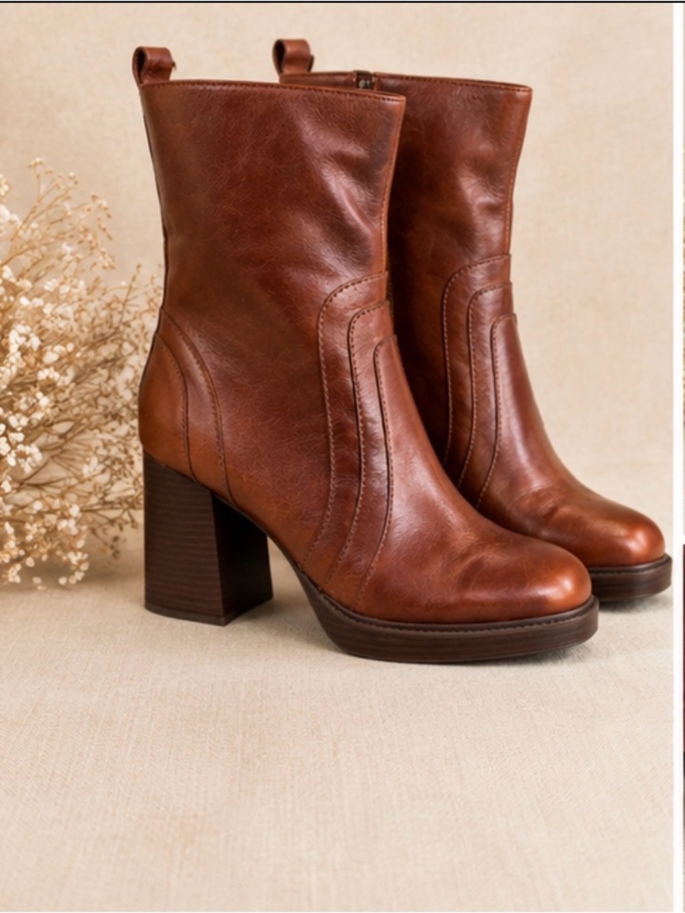 Marc Fisher Abitha Cognac Leather Platform Block Heel Ankle Boots Size 10 New